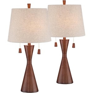 Table Lamp Set Wood Toned Hourglass Table Lamps, Oatmeal Tapered Shade