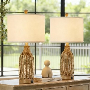 Table Lamp Set Woven Base Charging Station USB Port Boho Bedside