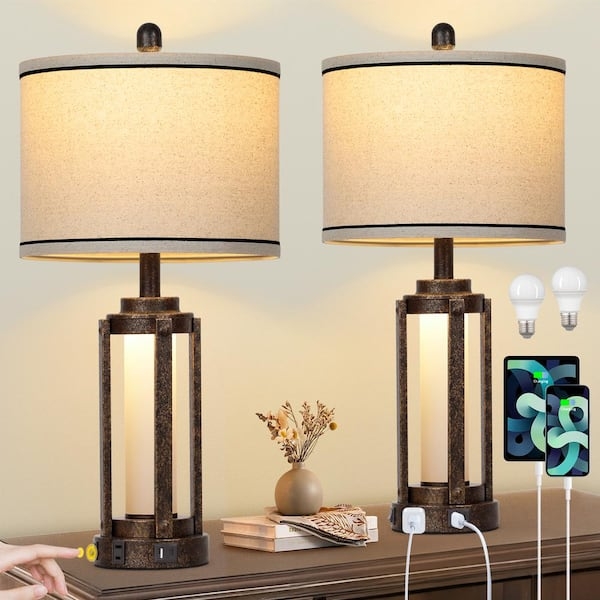 Table Lamp Set Woven Texture Rectangular Shades Bronze Base