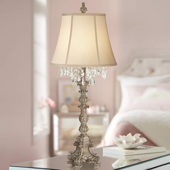 Table Lamp Shabby Chic Distressed White Candlestick Crystal Accents
