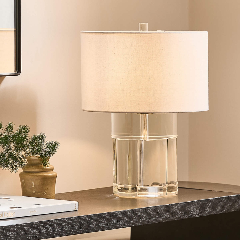 Table Lamp, Short Sculptural Faceted Crystal Base, White Drum Shade