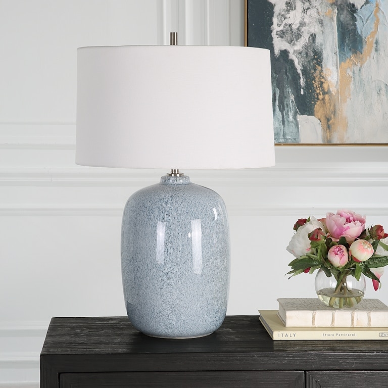 Table Lamp, Sky Blue Ceramic, Honeycomb Texture, Textured Base