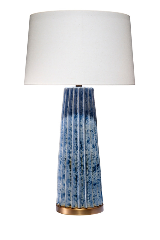Table Lamp Slate Blue Pleated Ceramic Base Tapered Drum Shade Style