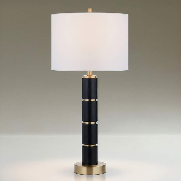 Table Lamp Sleek Black Pebbled Column Base Gold Band Accent
