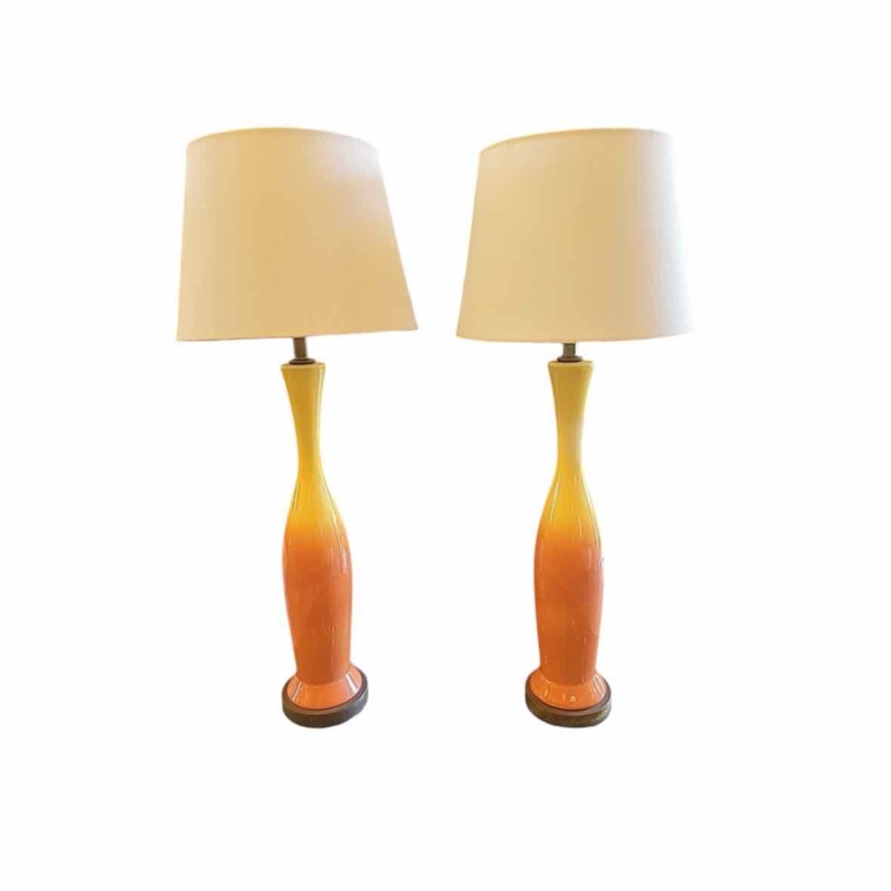 Table Lamp: Slender Mustard Orange Bottle Base with Linen-Like Shade