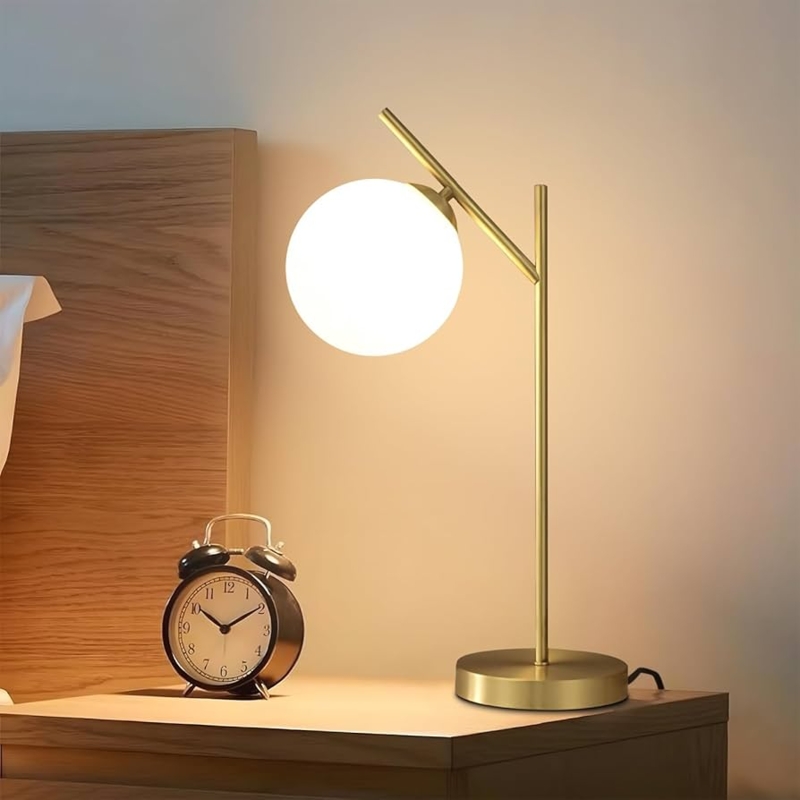 Table Lamp Slender Stem Brushed Brass Milky Glass Sphere Minimalist