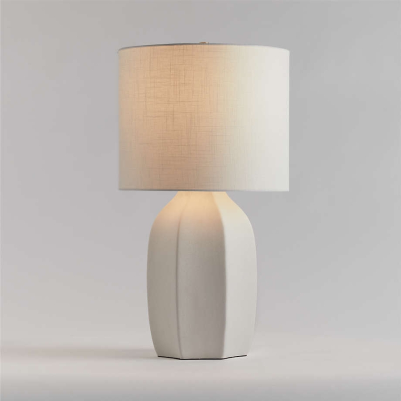 Table Lamp: Small Ribbed Ceramic Base, Bulbous Form, Minimalist White