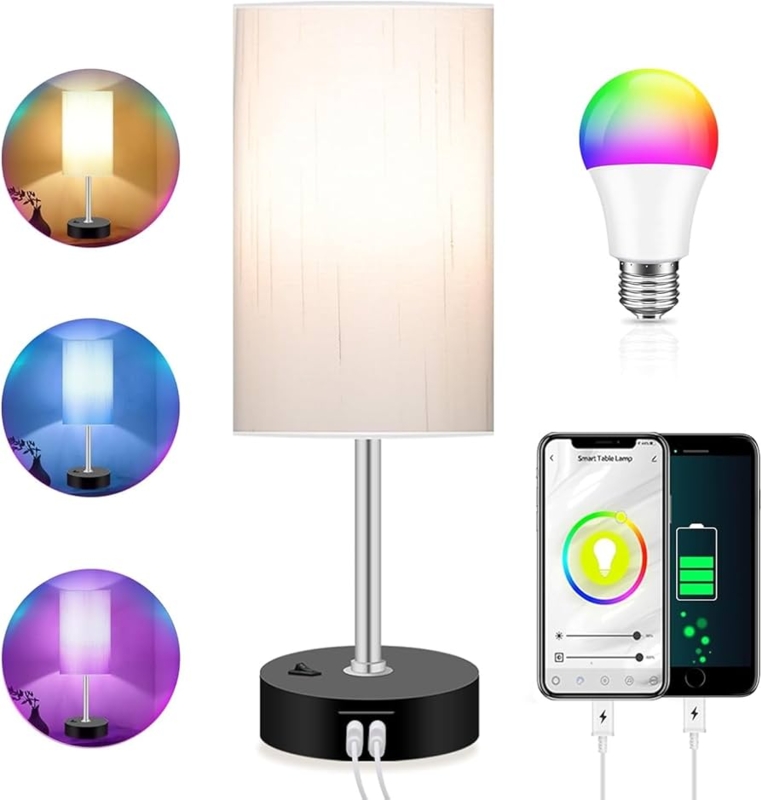 Table Lamp Smart Nightstand Dual USB Ports Multicolor Glow Linen