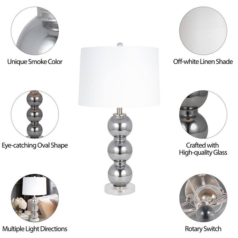 Table Lamp Smoke Glass Orbs Stacked Base Linen Drum Shade Modern