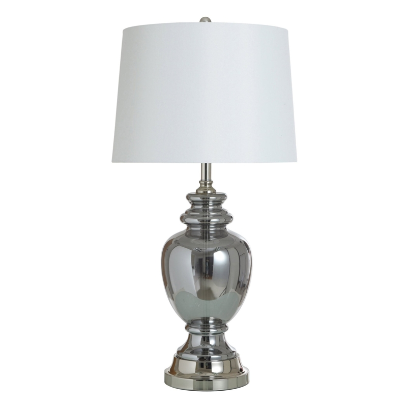 Table Lamp Smoked Mercury Glass Pewter Accents Grey Drum Shade