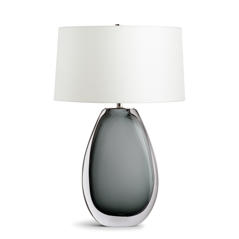 Table Lamp: Smokey Grey Ribbed Glass Base, Tall Drum Shade for Moody Decor