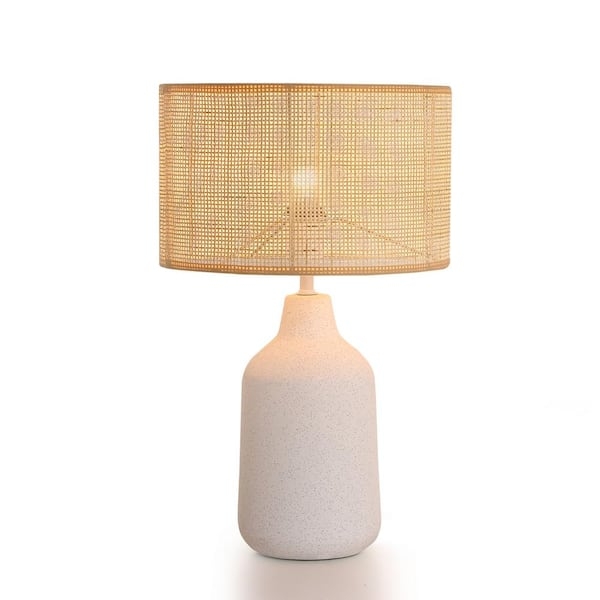 Table Lamp Speckled Ceramic Base Rattan Shade Boho Bedside Lighting