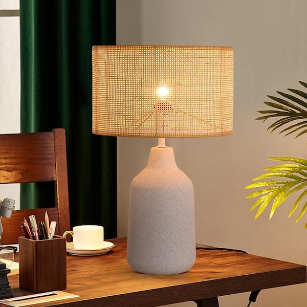 Table Lamp Speckled Ceramic Base Rattan Shade Boho Organic Bedroom