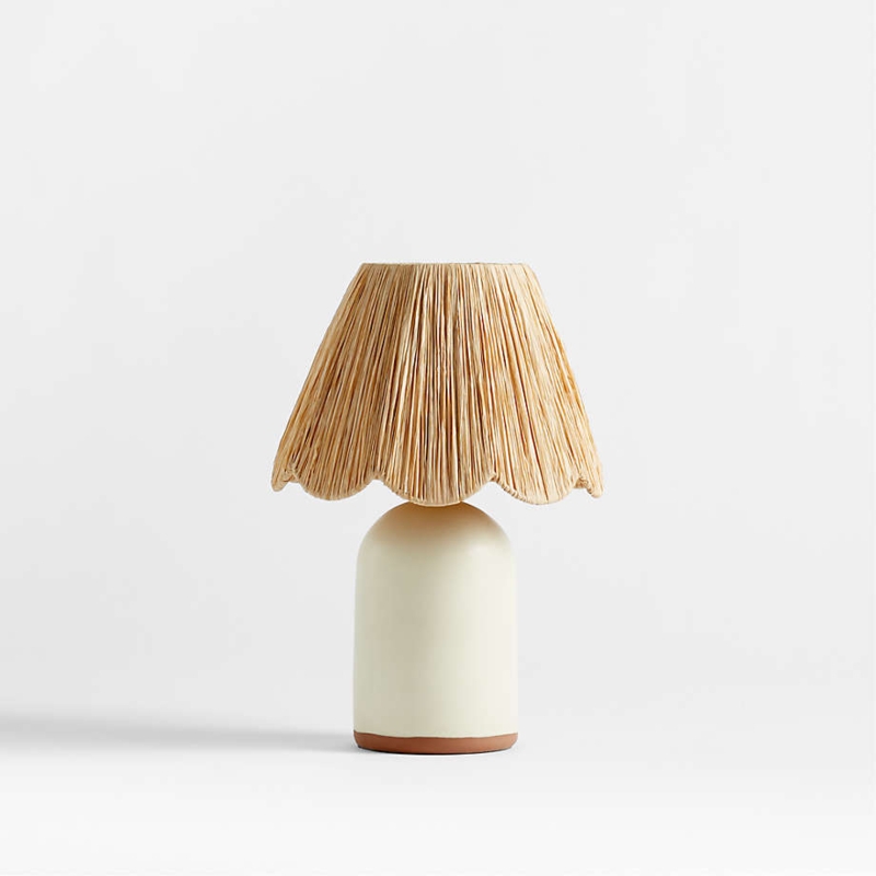 Table Lamp: Spherical Ceramic Base, Boho Scalloped Raffia Table Lamp Shade