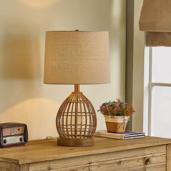 Table Lamp Spherical Woven Base Rattan Cane Boho Bedside Lighting