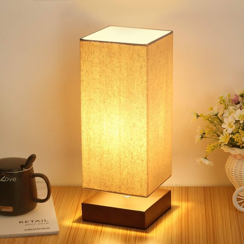 Table Lamp Square Shade Brushed Metal Base Modern Bedside Lighting