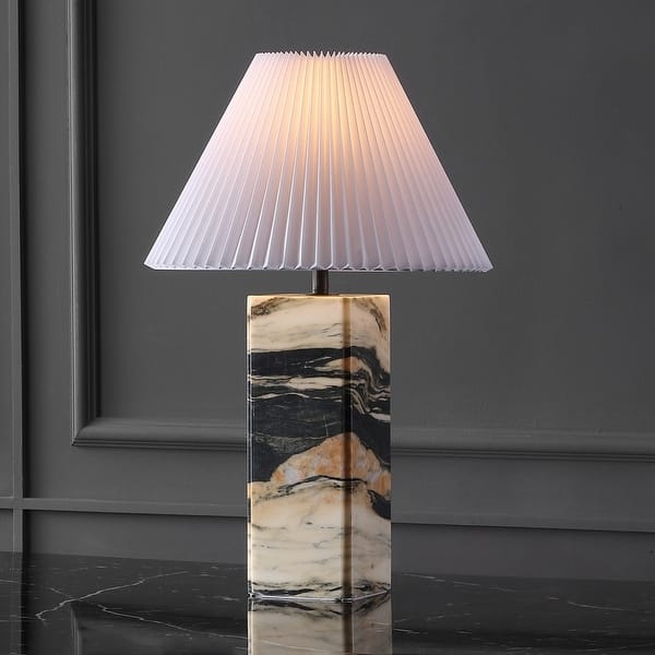 Table Lamp Square Silhouette Veined Stone Base Gold Metal Neck
