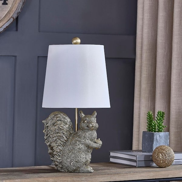 Table Lamp Squirrel Base Gold Resin Finish Drum Shade