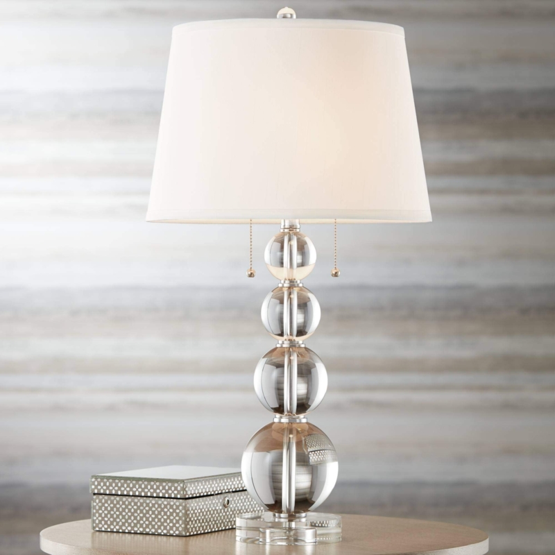 Table Lamp Stacked Crystal Sphere Base Modern Glam White Tapered Shade