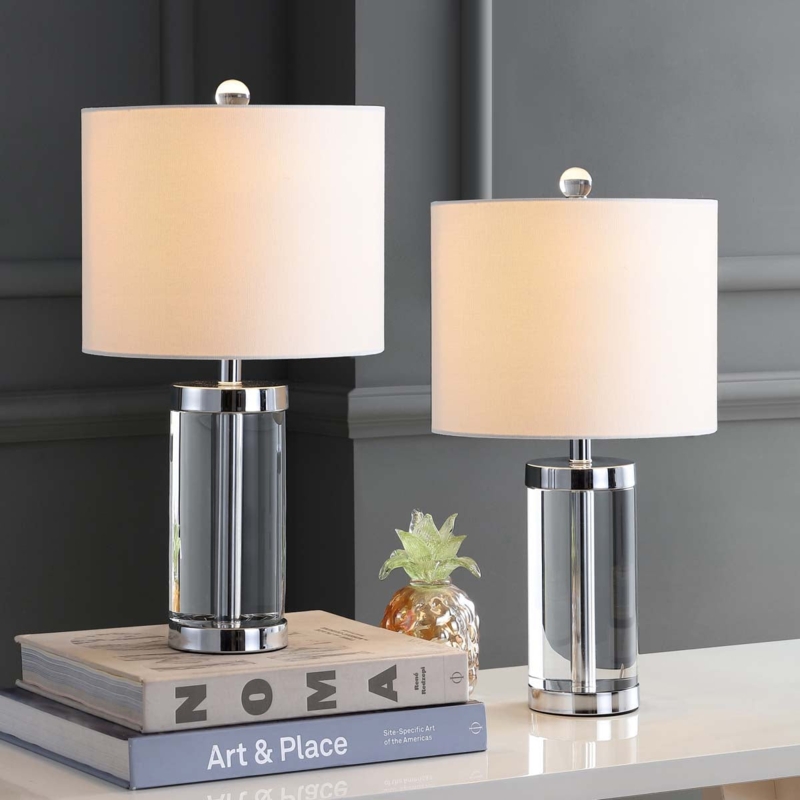 Table Lamp, Stacked Crystal Sphere Base, White Drum Shade, Glam Style