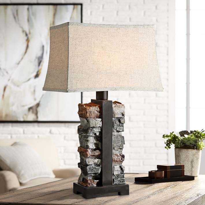 Table Lamp Stacked Stone Base Rectangular Shade, Stacked Stone Look Table Lamp