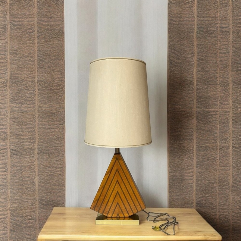 Table Lamp Stacked Wood Block Lamp, Geometric Base and Tapered Shade