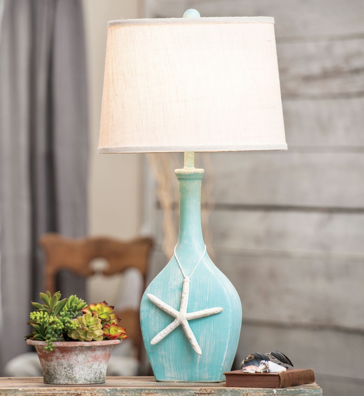 Table Lamp Starfish Base Weathered White Linen Shade Coastal