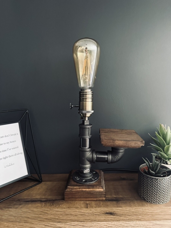 Table Lamp Steampunk Matte Black Pipe Design Red Valve Accent