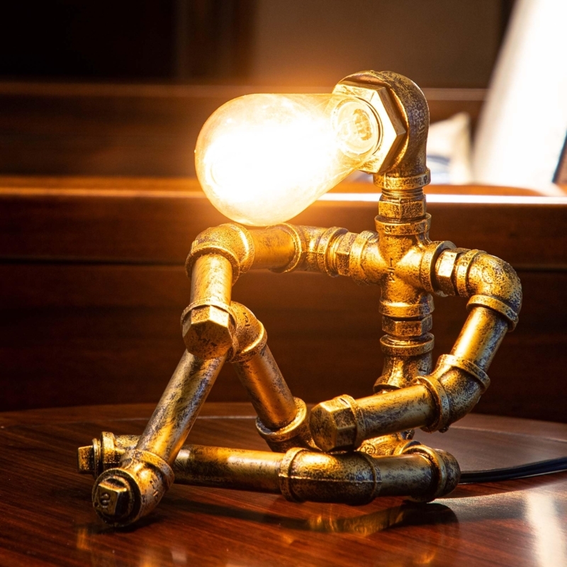 Table Lamp Steampunk Robot Shape Industrial Pipe Bronze Finish