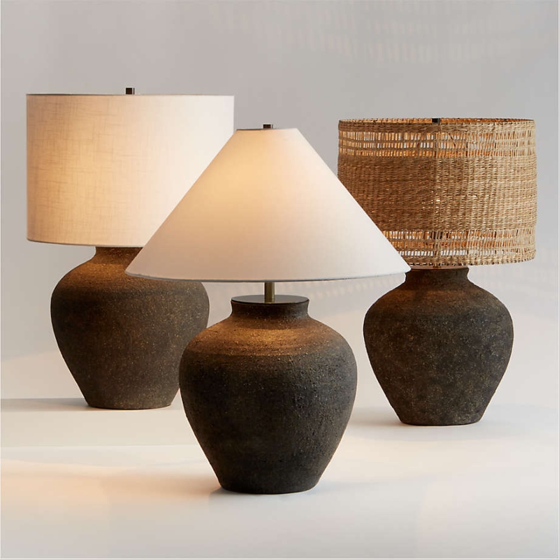 Table Lamp: Stone-Like Stippled Base with Linen Drum Shade
