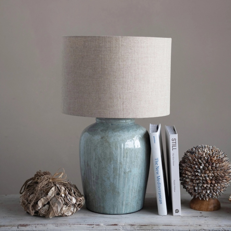 Table Lamp Stoneware Base Crackle Glaze Earthy Woven Shade