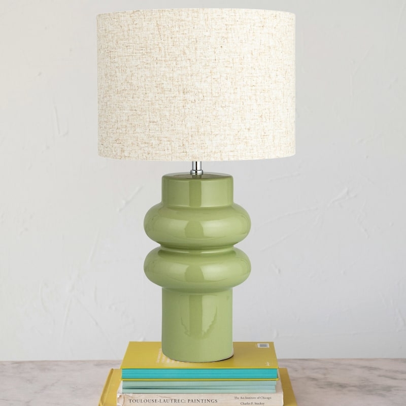 Table Lamp Stoneware Base Speckled Texture Tapered Linen Shade