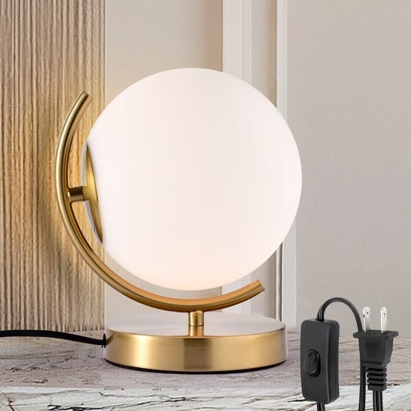 Table Lamp Suspended Globe Angled Arm Brushed Gold Satin Finish Modern