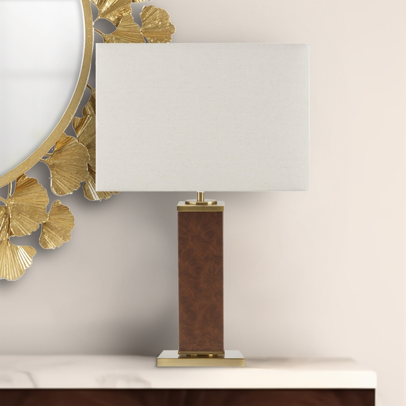 Table Lamp Tailored Brown Faux Leather Base Contrast X-Stitching