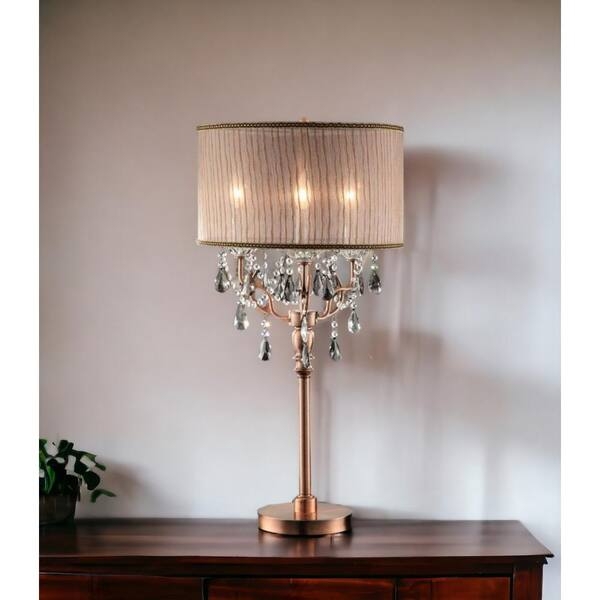 Table Lamp Tall Bronze Slender Base Pull Chain Beige Shade Bedside