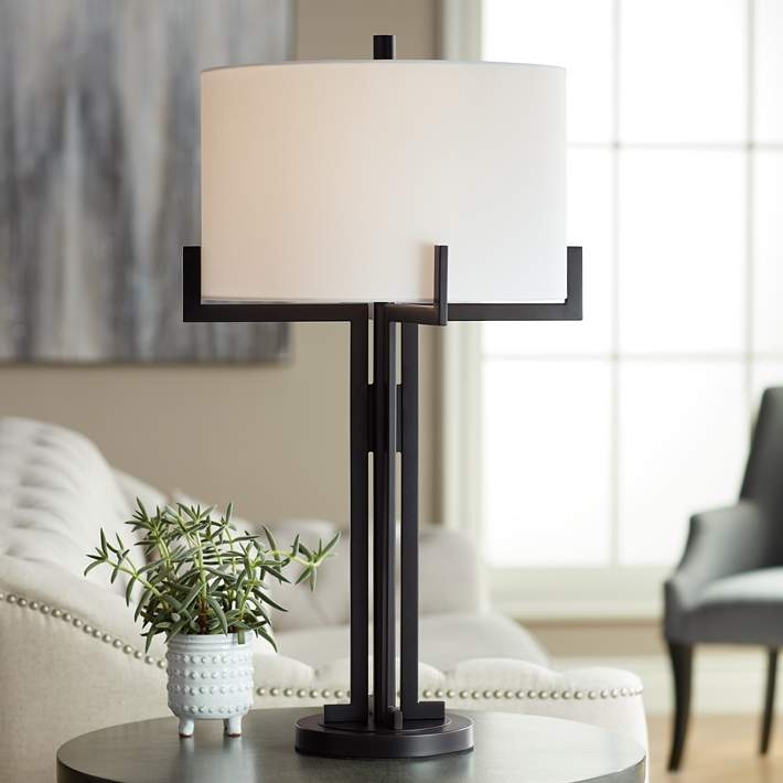 Table Lamp: Tall Industrial Metal Open Cage Base, Extra Long Drum Shade