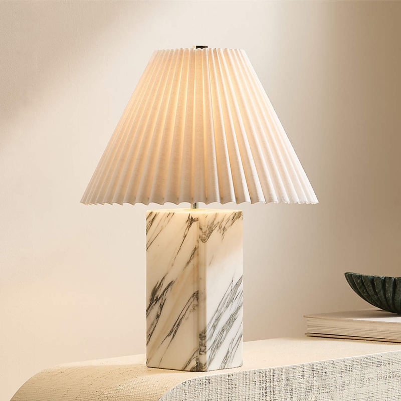 Table Lamp Tall Textured Linen Drum Shade Marble Base Minimalist