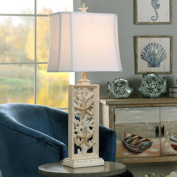 Table Lamp Tall Weathered Cream Finish Flared Base Farmhouse Chic