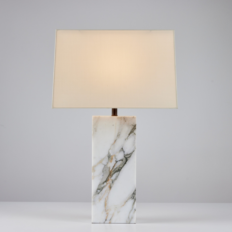Table Lamp Tapered Marble Base Grey Veining Linen Drum Shade