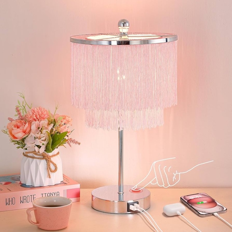 Table Lamp: Tassel Fringe Shade, Gold Base, USB Port. Whimsical Nursery Decor.