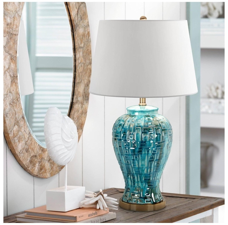 Table Lamp Teal Glaze Temple Jar Asian Style Bedside Lighting