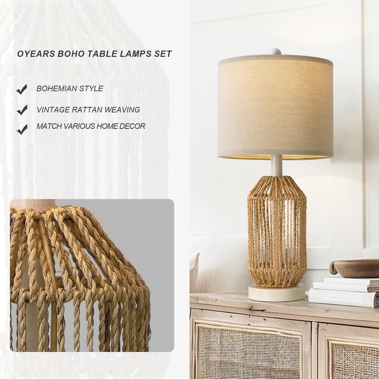 Table Lamp Teardrop Silhouette Rattan Base Coastal Bedroom Bedside
