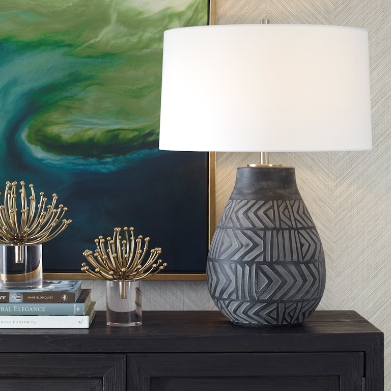 Table Lamp Textured Ceramic Base Brass Collar Organic Accents
