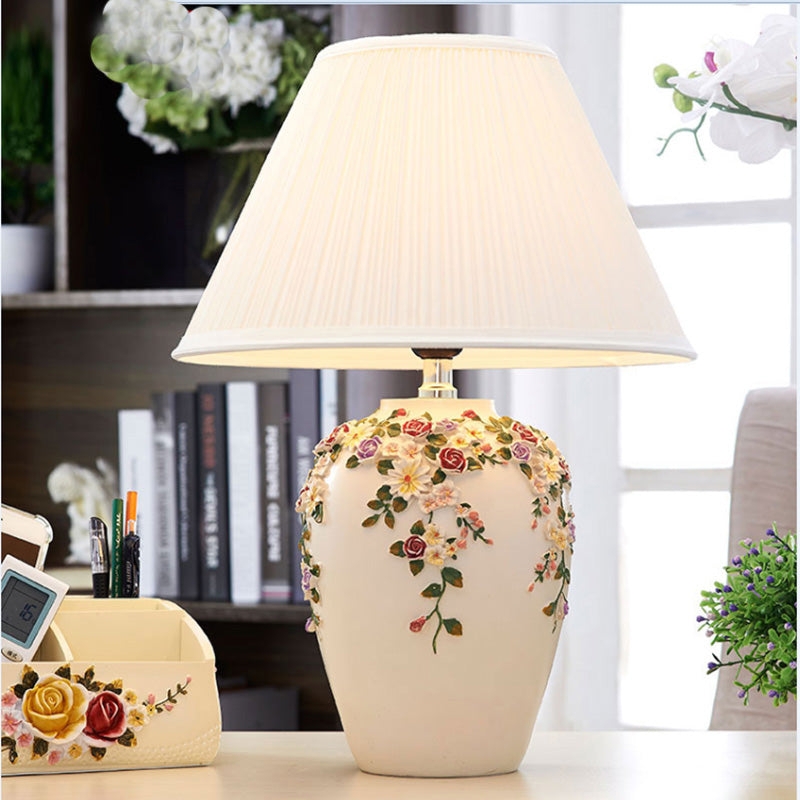 Table Lamp Textured Floral Sculptural Base Cream White Matte Finish