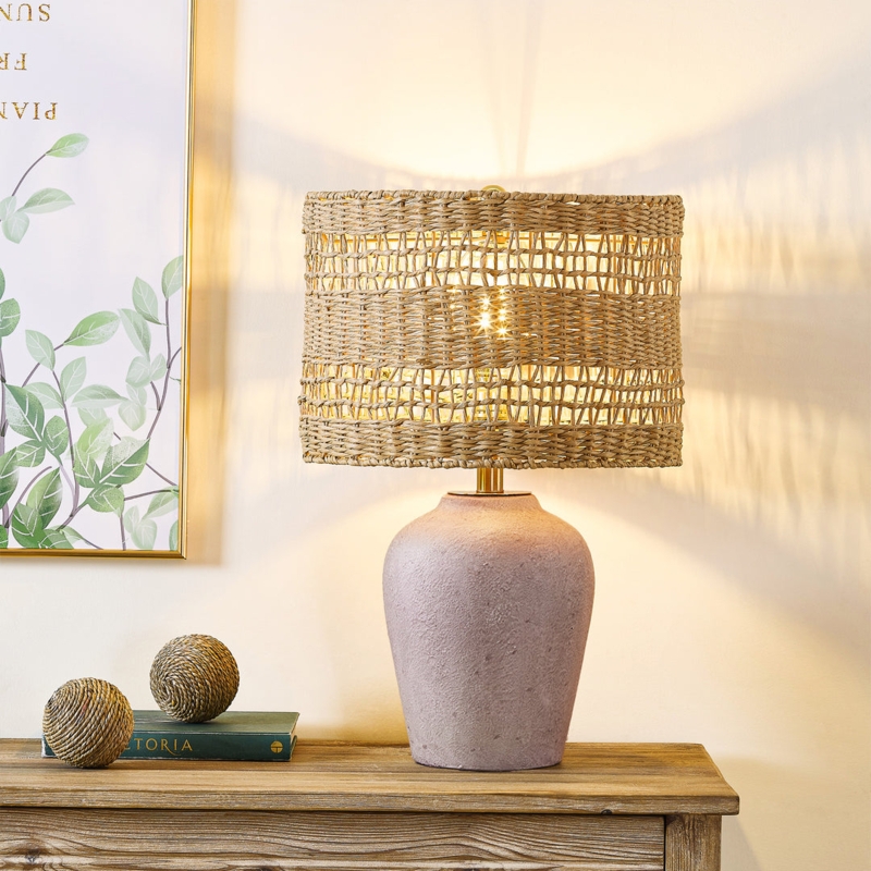 Table Lamp Textured Grey Ceramic Woven Rattan Shade Boho Decor