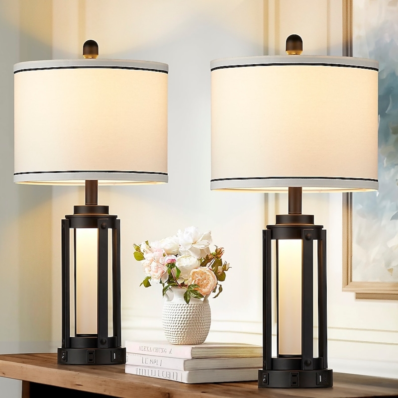 Table Lamp: Textured Hourglass Base with Linen Drum Shade