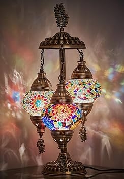 Table Lamp Three Globe Moroccan Mosaic Glass Antique Brass Finish