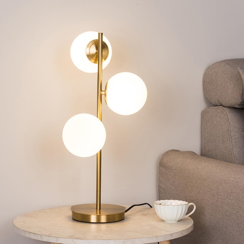 Table Lamp Three Light Brushed Metal Multi Arm White Glass Globes