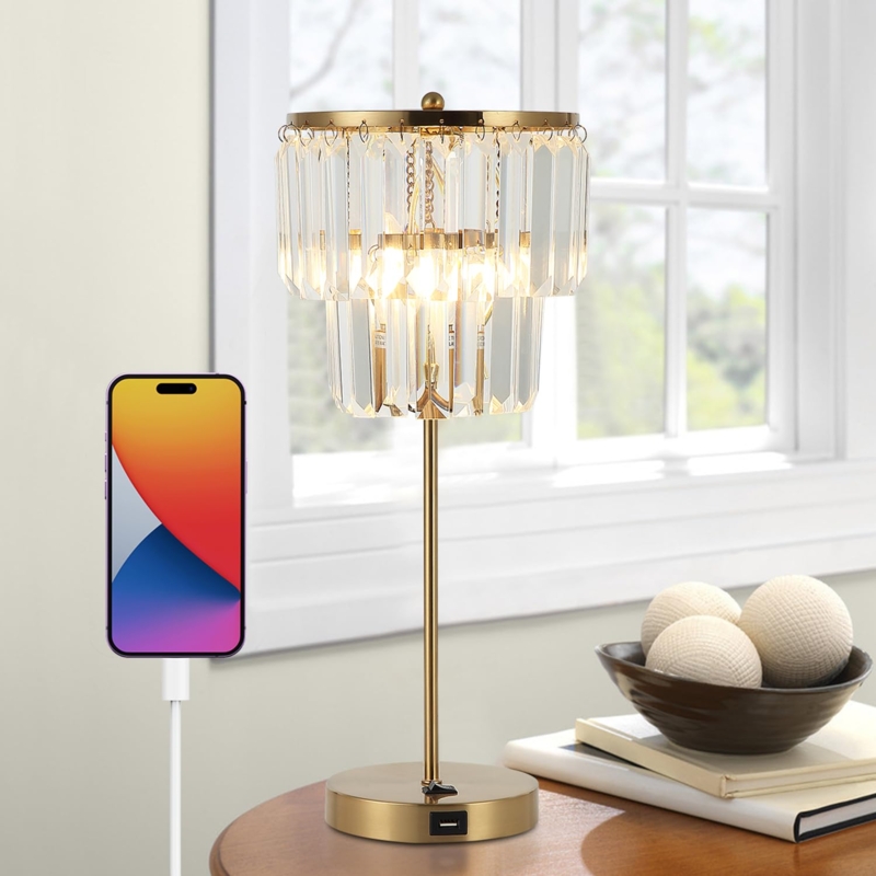 Table Lamp, Tiered Crystal Drop Shade, Polished Brass Finish Base