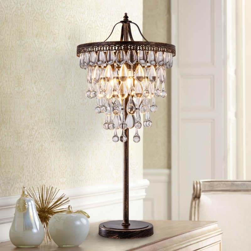 Table Lamp Tiered Crystal Shade Antique Bronze - tiered crystal drum lamp